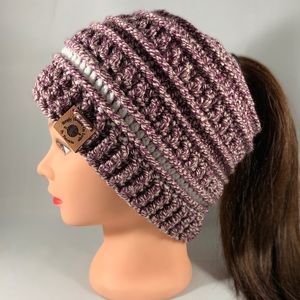 Adult Burgundy and White Ponytail Messy Bun Hat